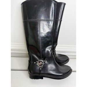 Michael Kors Black Rubber Rain Boots MK Logo Tall Riding Boots Size 7